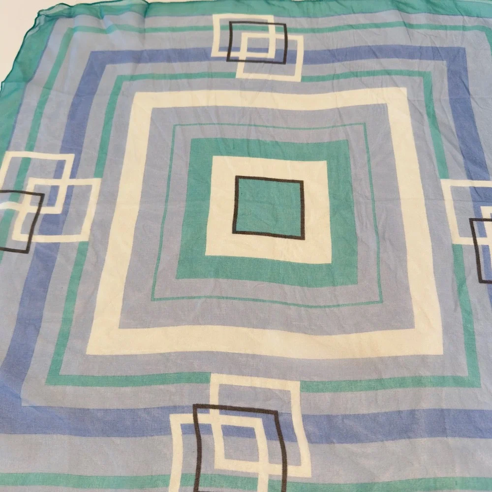 Albertazzi Italy 100% Silk Square Scarf Teal‎ Blue Geometric Mod Print MCM